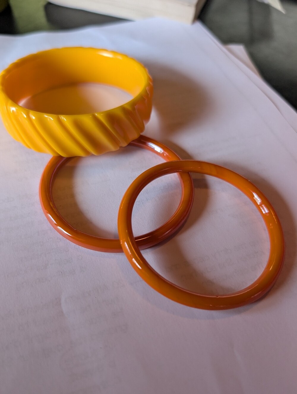 Vintage MCM Plastic Bangle Bracelets Set of 3 - Yellow Carved & Orange Spacer